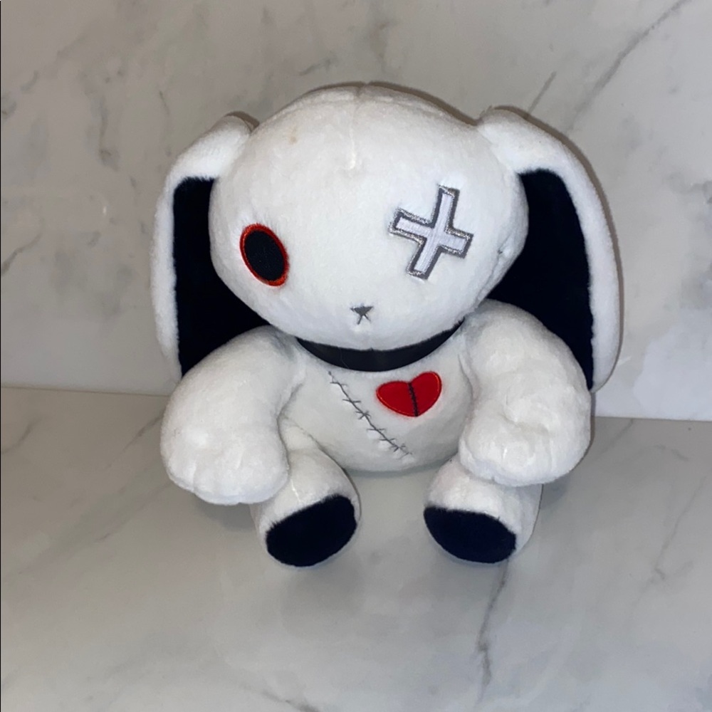 White Plush Bunny with Black and Red Accents